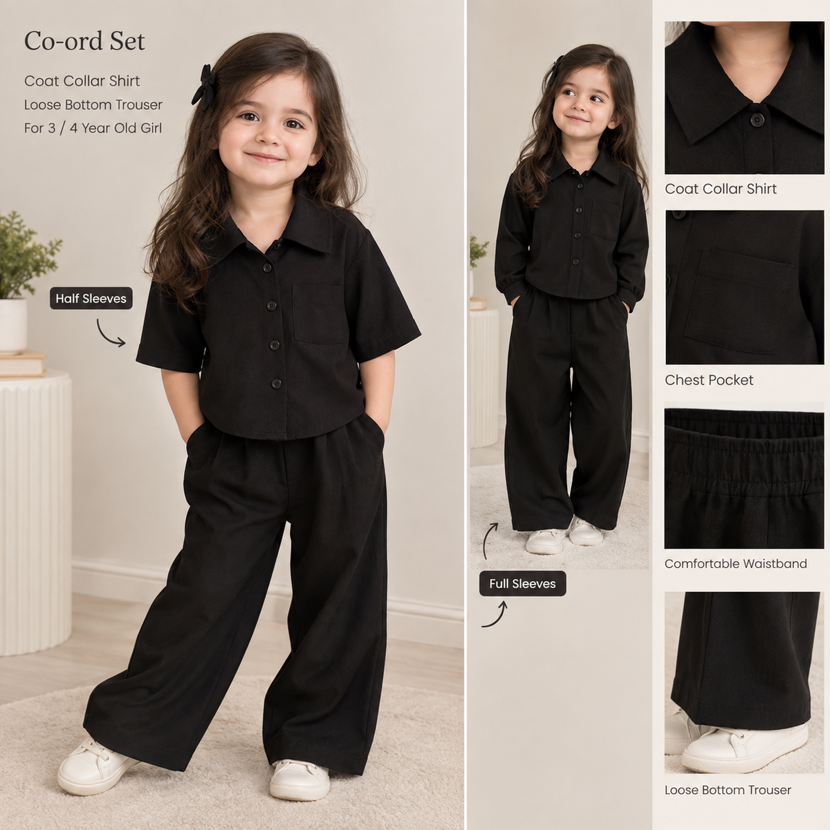 Black Collar Button-Down Co-Ord Set for Kids
