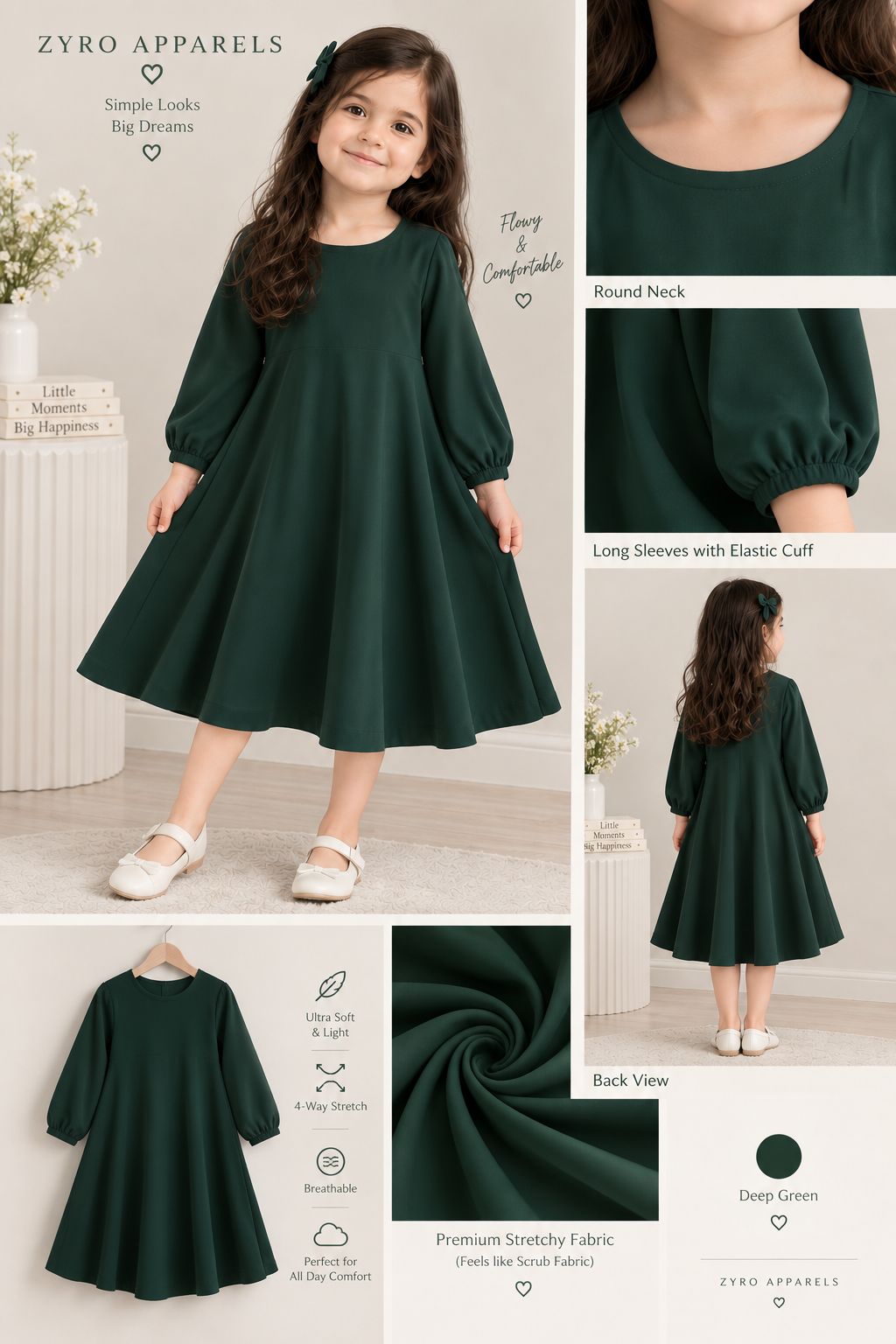 Deep Green A-Line ROUND NECK Frock for Girls