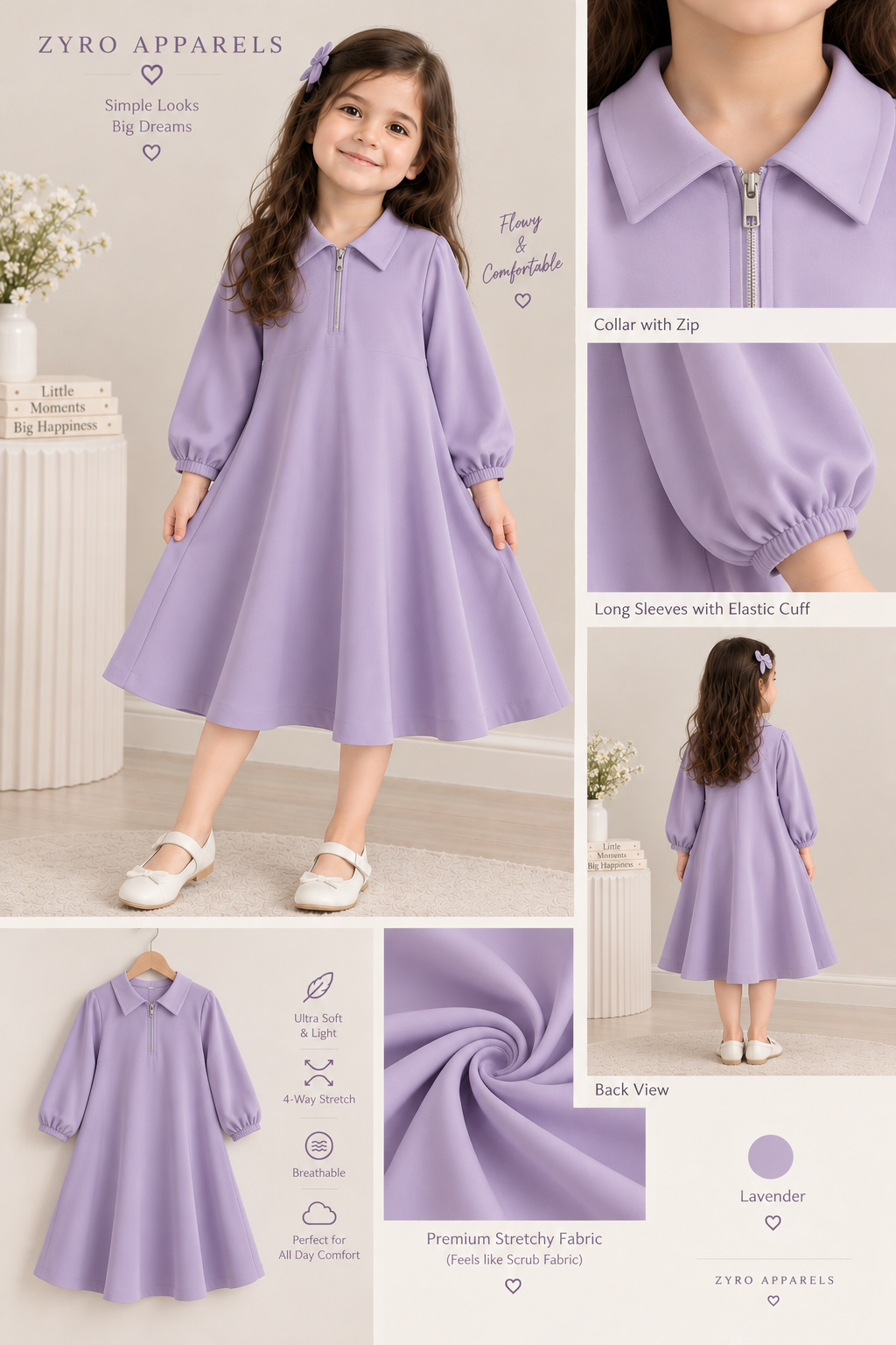 Lavender A-Line Collar Zip Frock for Girls