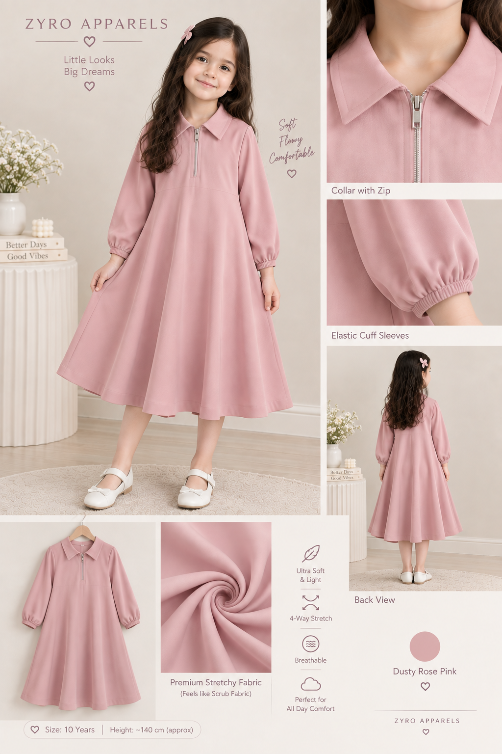 Lavender A-Line Collar Zip Frock for Girls